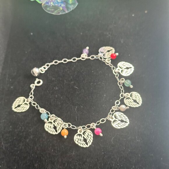 Silver 925 Bracelet With Angel Wing Charms & Chakra Stones Handcrafted Boho Desi - Picture 2 of 10